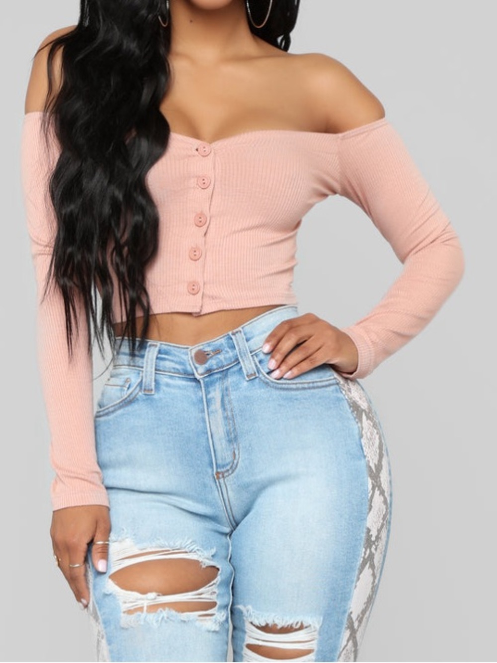 Fashion Nova Blush Pink Off-Shoulder Ribbed Button Crop Top - Picture 2 of 3